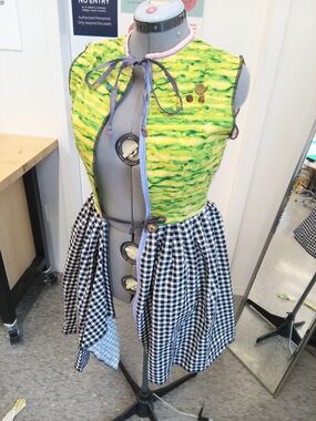 Handmade Yellow-Green Tie-Front Bodice with Gingham Skirt